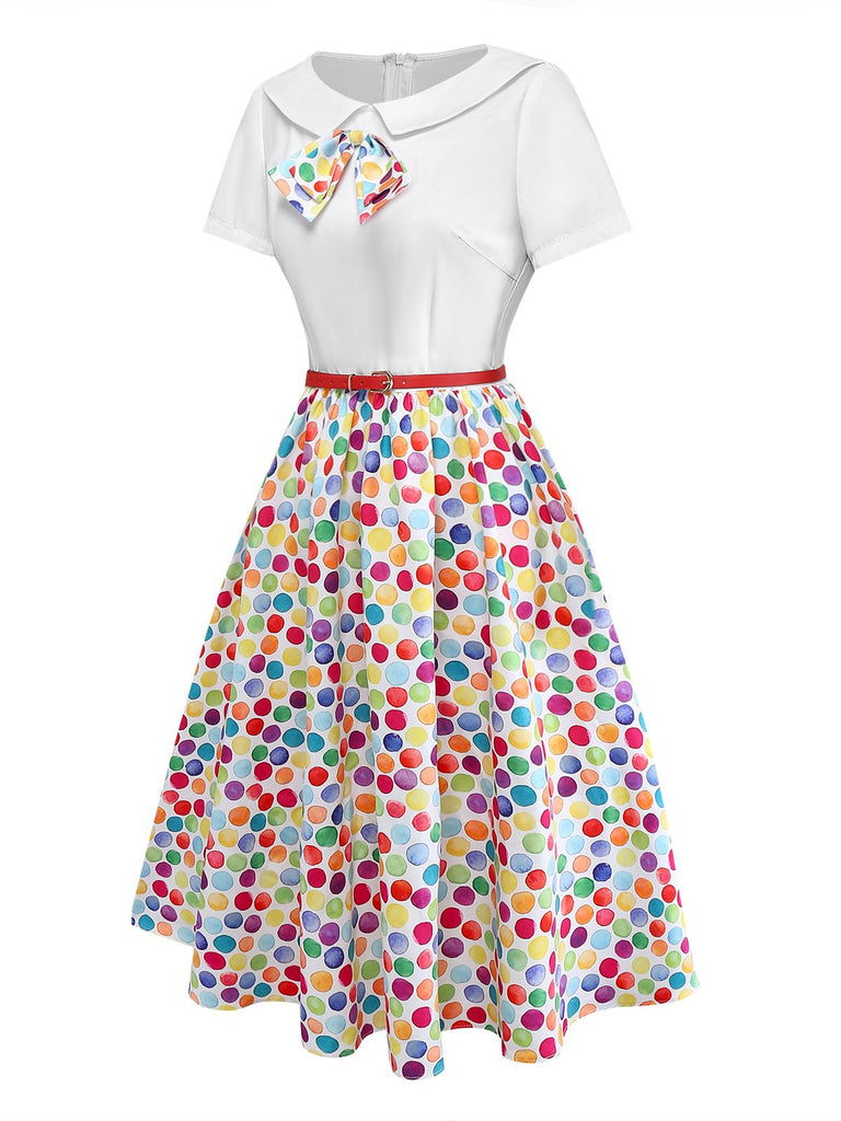 [Vorverkauf] Multicolor 1950er Bunt Polka Punkte Bogen Kleid