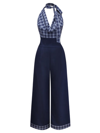 [Vorverkauf] Dunkelblau 1940er Halter Wasserfallkragen Kariert Jumpsuit
