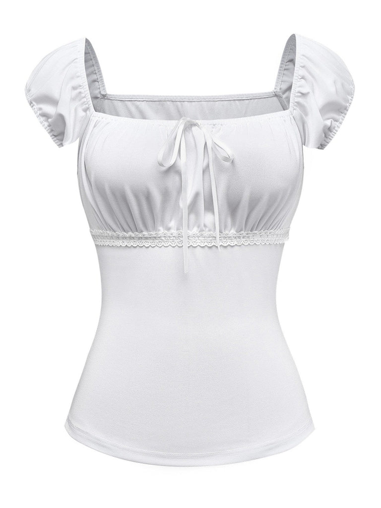 [Vorverkauf] Weiß 1940er Spitze Puffärmel Quadratischer Hals Top