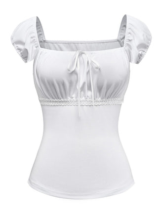 [Vorverkauf] Weiß 1940er Spitze Puffärmel Quadratischer Hals Top