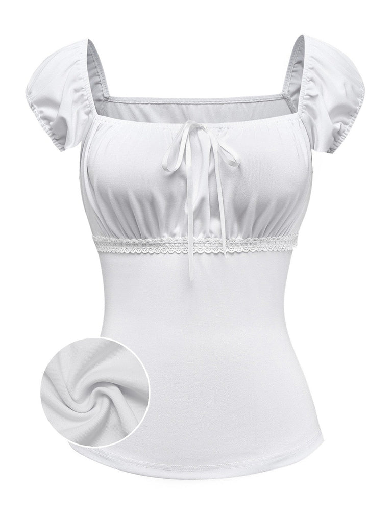 [Vorverkauf] 2PCS Weiß 1940er Spitze Gerafft Top & Denim Bogen Rock