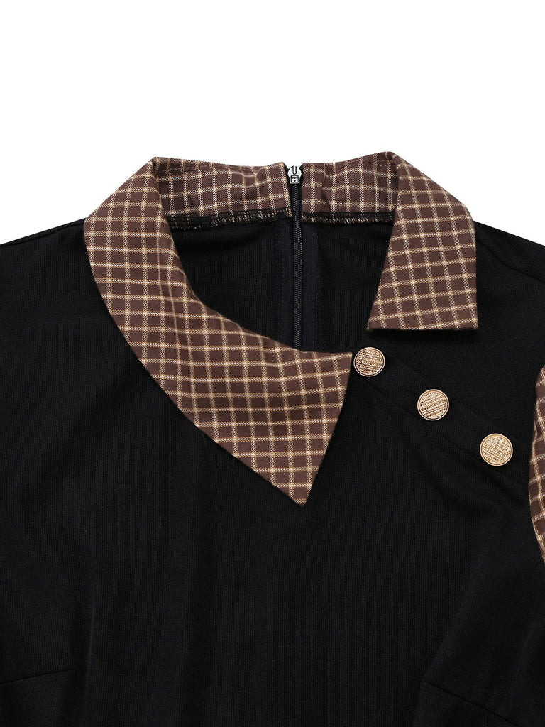 [Vorverkauf] Braun 1940er Kariert Stricken Seite Revers Gürtel Romper