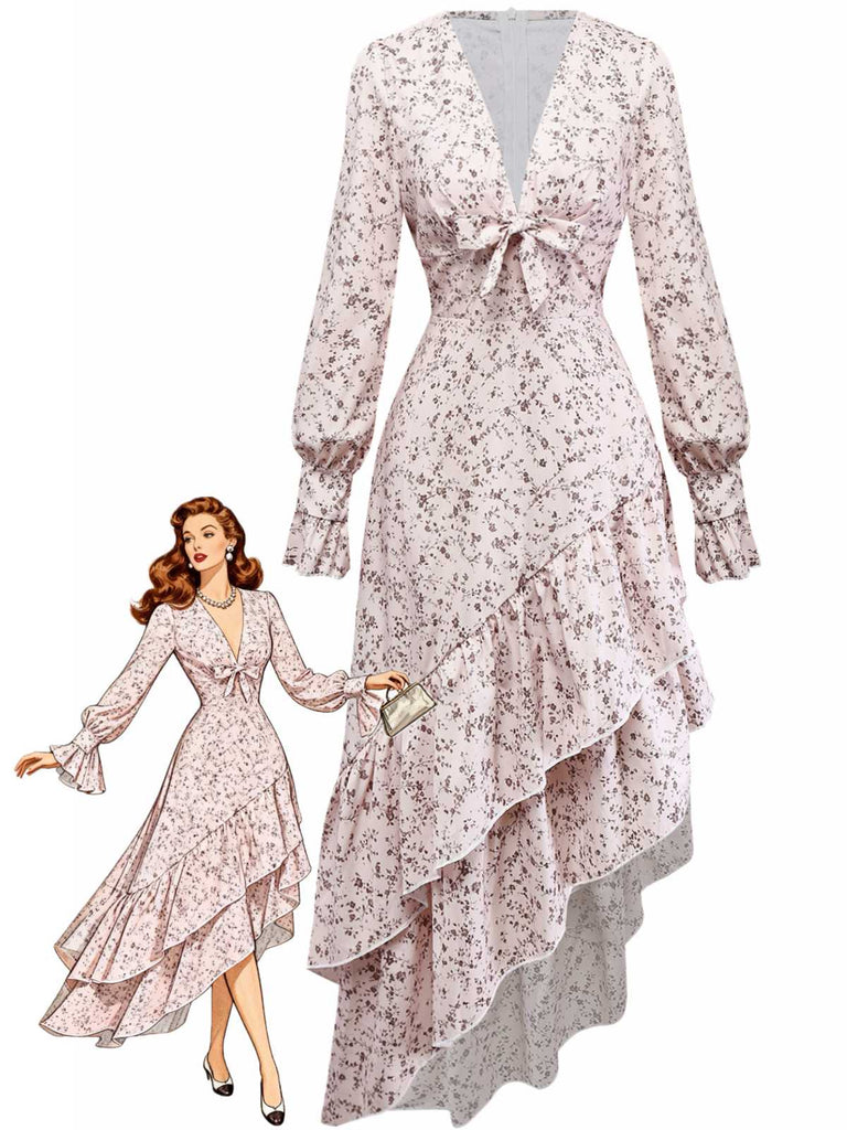 Mehrfarbig 1940er Blumen V-Ausschnitt Unregelmäßig Rüschen Saum Kleid