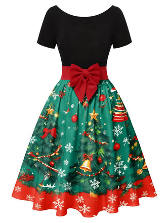 Baum & Glöckchen 1950er Weihnachtsbaum Patchwork Bogen Gürtel Swing Kleid