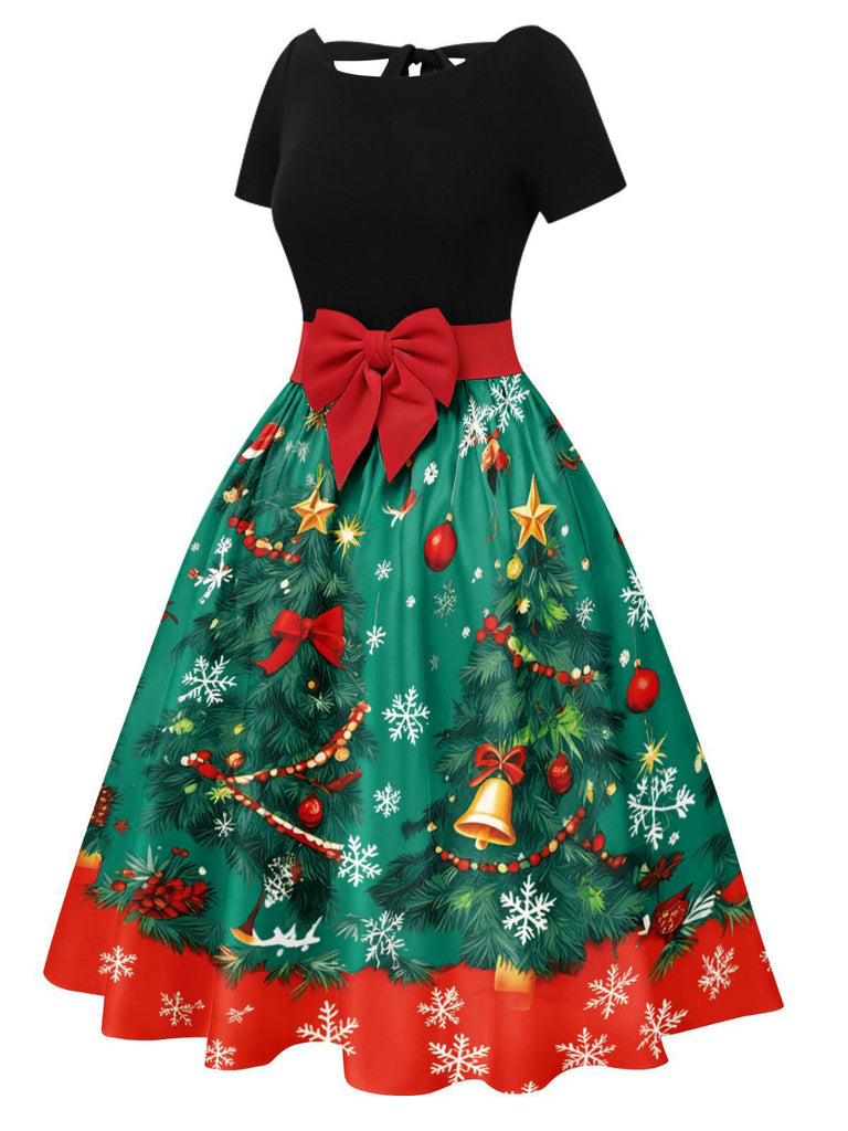 1950er Weihnachtsbaum Patchwork Bogen Gürtel Swing Kleid