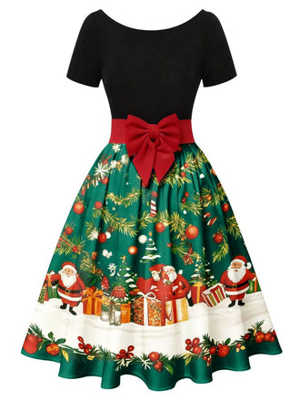 Grün 1950er Weihnachtsbaum Patchwork Bogen Gürtel Swing Kleid