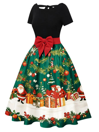 Grün 1950er Weihnachtsbaum Patchwork Bogen Gürtel Swing Kleid