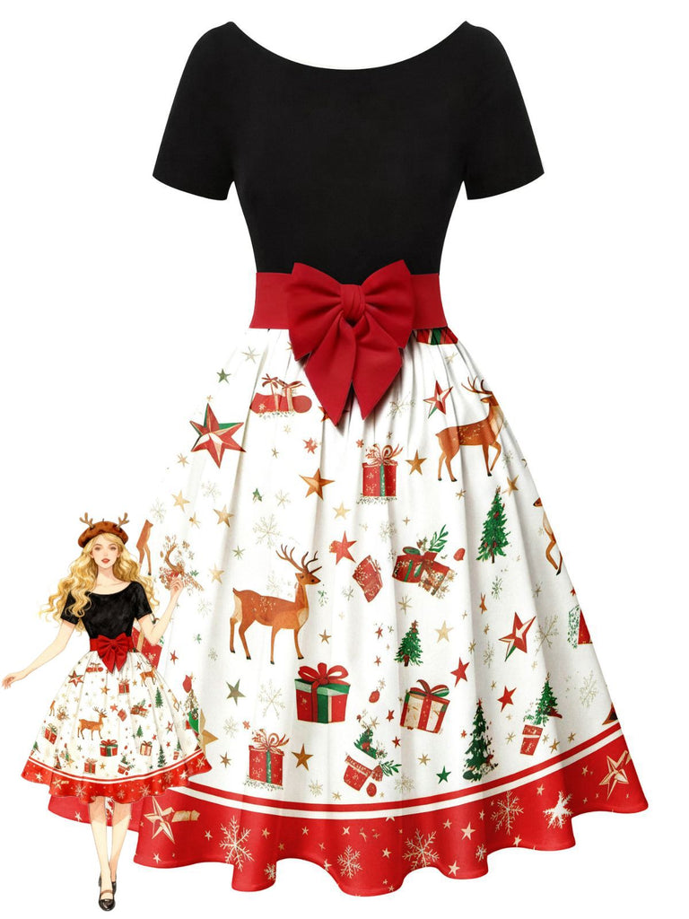 1950er Weihnachtsbaum Patchwork Bogen Gürtel Swing Kleid