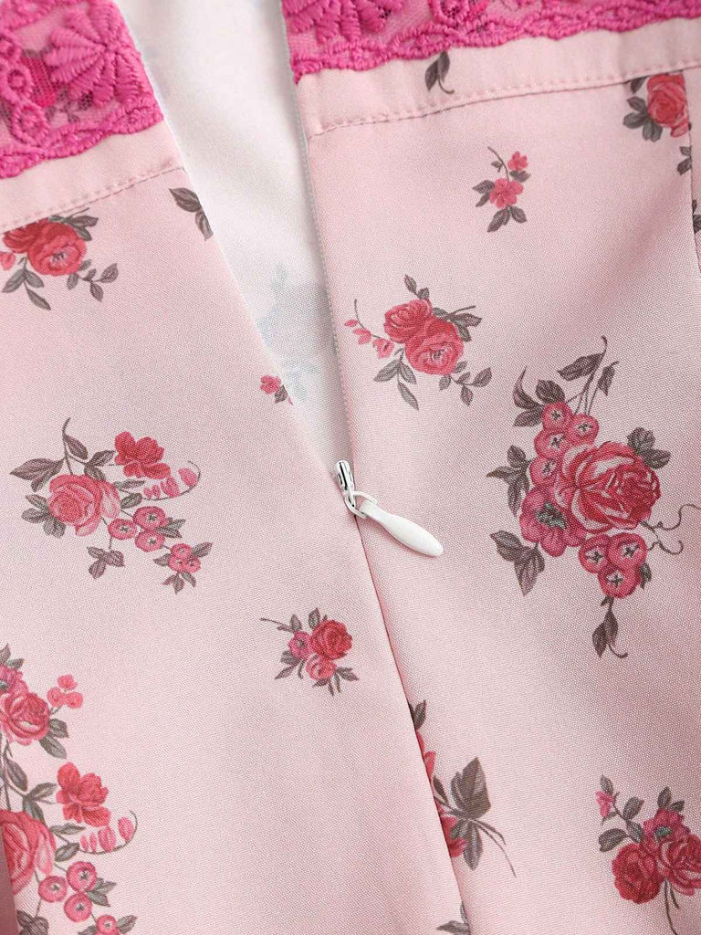 Rosa 1960er Blumen Spitze Patchwork Plissiertes Unterhemd