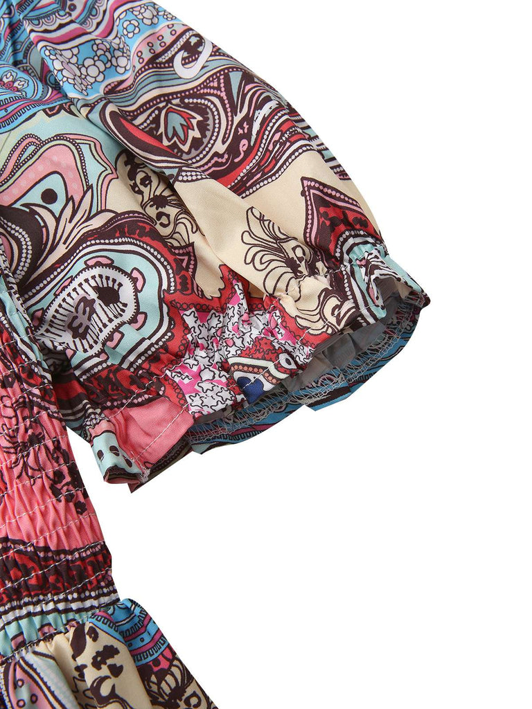 Mehrfarbig 1970er Boho Paisley Druck Gesmokt Puffärmel Kleid
