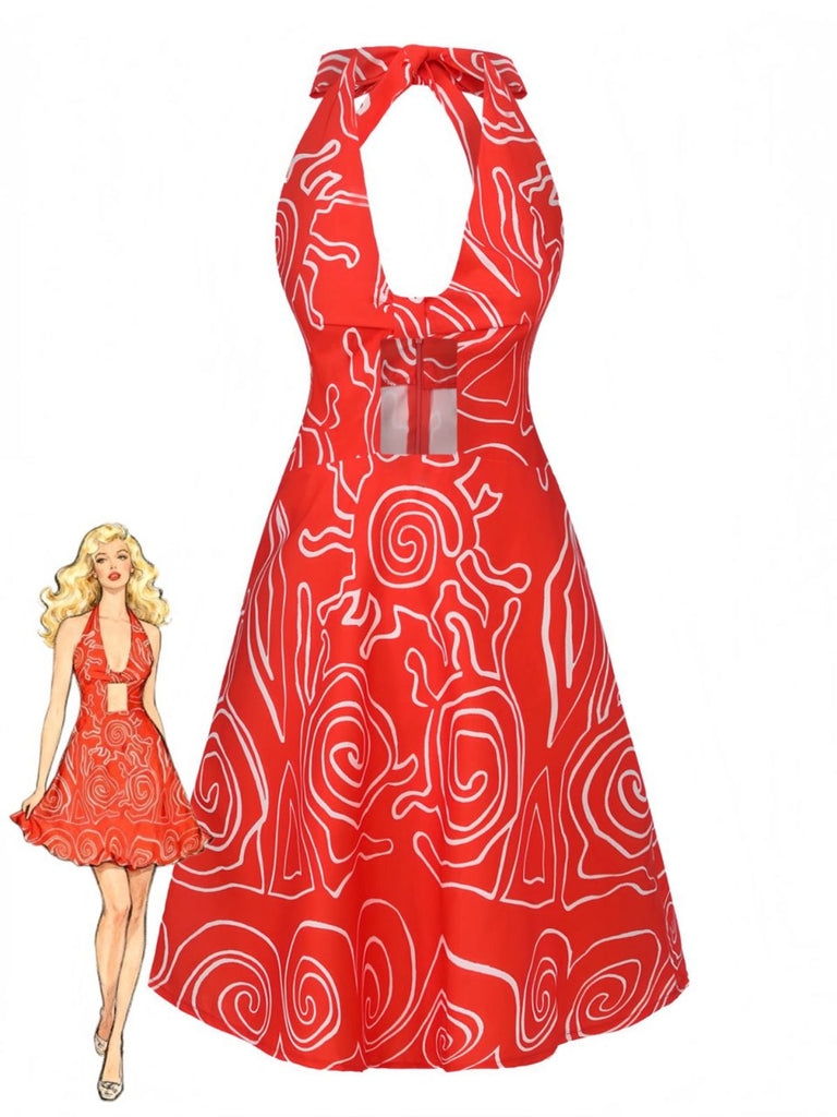 Rot 1960er Abstraktes Muster Cutout Twist Halter Kleid