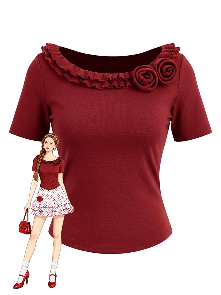 [Vorverkauf] Rot 1950er Doppelt Schicht Rüschen Rose Stricken Top