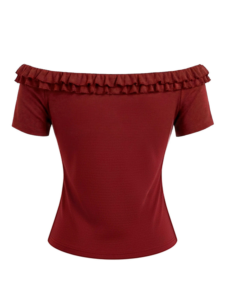 [Vorverkauf] Rot 1950er Schulterfrei Rüschen Rose Stricken Top