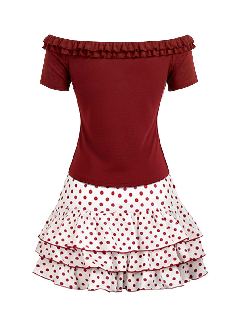 [Vorverkauf] 2PCS Rot 1960er Rüschen Rose Stricken Top & Polka Dot Rock