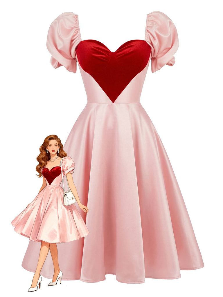 [Vorverkauf] Rosa 1950er Süß Herz Puffärmel Kleid