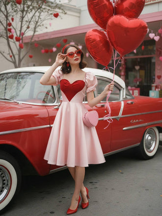 [Vorverkauf] Rosa 1950er Süß Herz Puffärmel Kleid