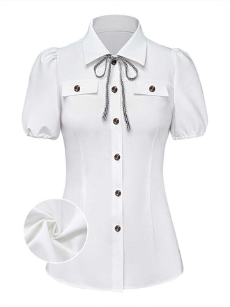 [Vorverkauf] Weiß 1940er Kariert Taste Bogen Bindung Bluse