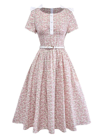 [Vorverkauf] Rosa 1940er Kleinblümig Bogen Gürtel Kleid
