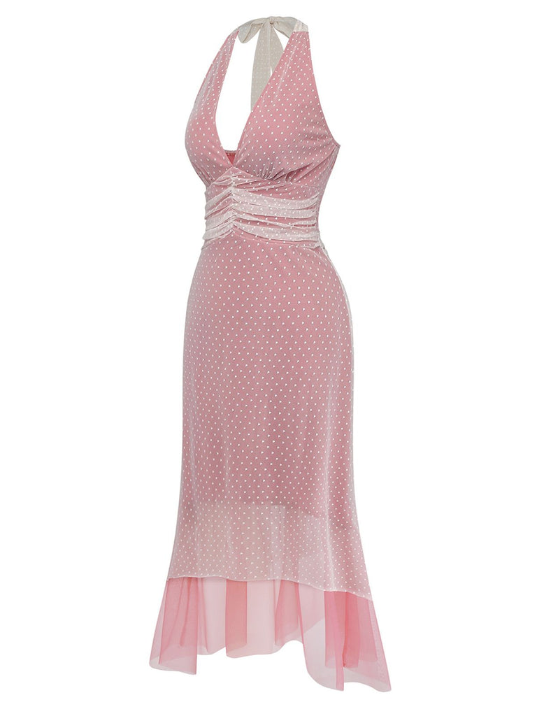 [Vorverkauf] Rosa 1930er Polka Punkte Netz V-Ausschnitt Kleid