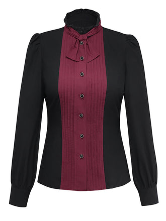 [Vorverkauf] Schwarz 1940er Baumwolle Falten Plissiertes Bogen Bluse