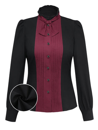 [Vorverkauf] Schwarz 1940er Baumwolle Falten Plissiertes Bogen Bluse