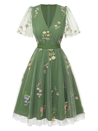 [Vorverkauf] Grün 1950er Blumen Puffärmel Netz Bestickt Kleid