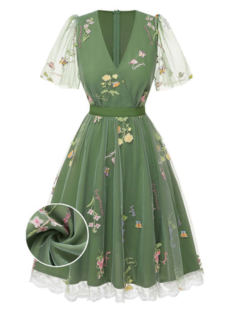 [Vorverkauf] Grün 1950er Blumen Puffärmel Netz Bestickt Kleid