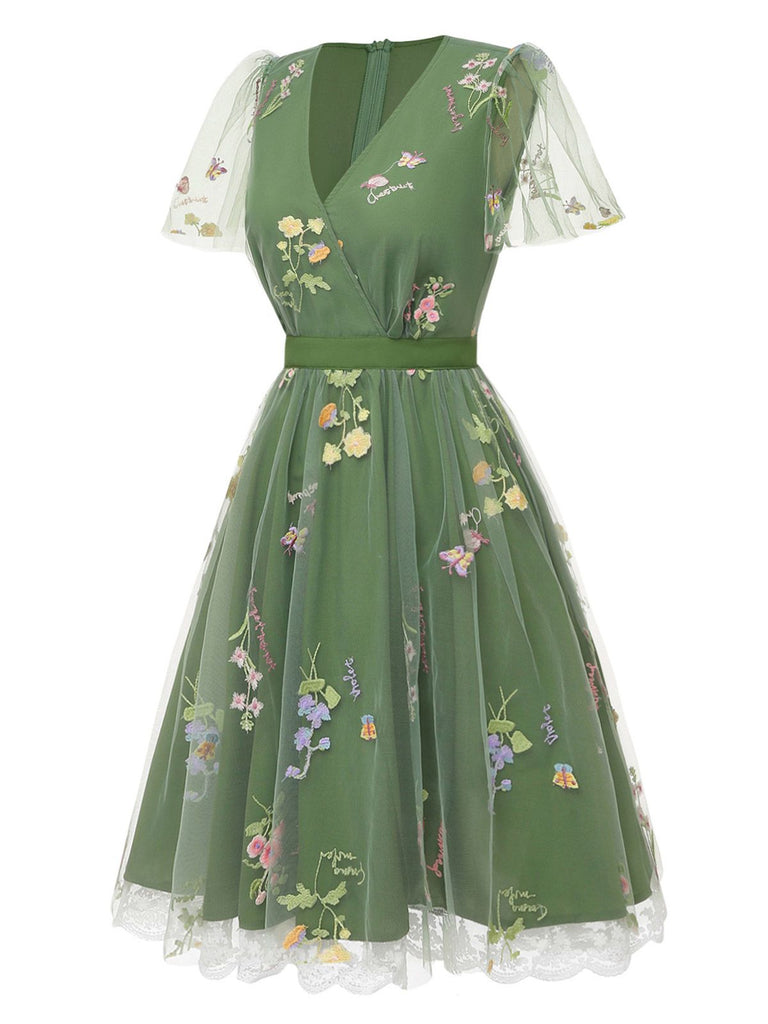 [Vorverkauf] Grün 1950er Blumen Puffärmel Netz Bestickt Kleid