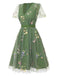 [Vorverkauf] Grün 1950er Blumen Puffärmel Netz Bestickt Kleid
