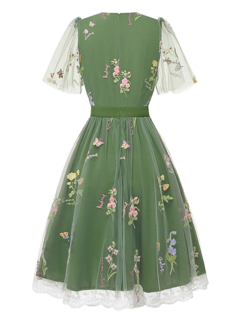 [Vorverkauf] Grün 1950er Blumen Puffärmel Netz Bestickt Kleid