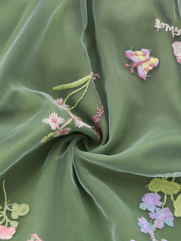 [Vorverkauf] Grün 1950er Blumen Puffärmel Netz Bestickt Kleid