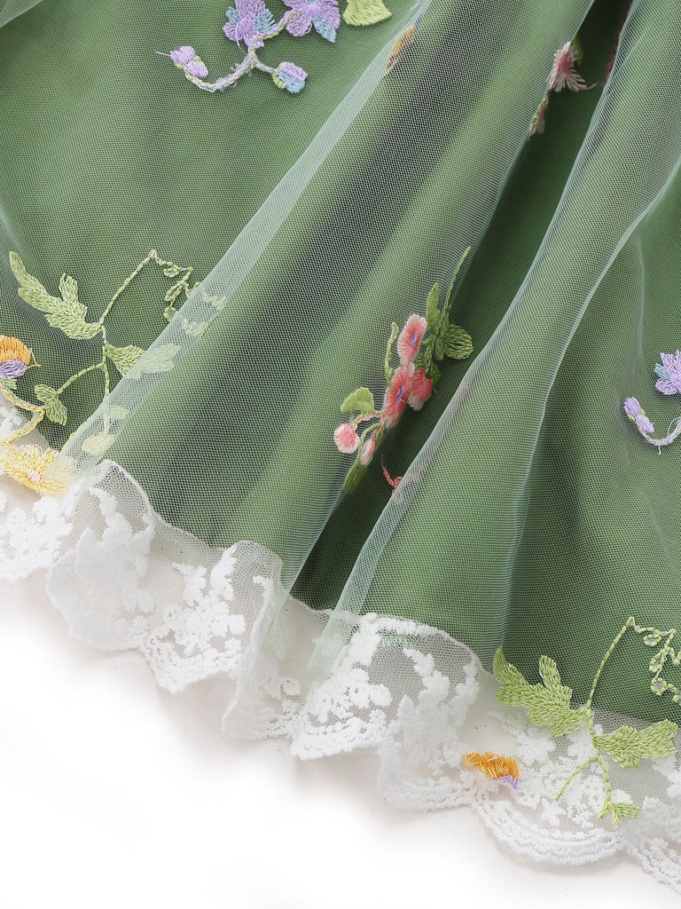 [Vorverkauf] Grün 1950er Blumen Puffärmel Netz Bestickt Kleid