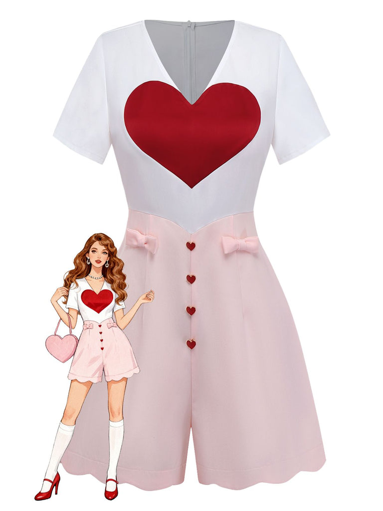 [Vorverkauf] Weiß 1960er Herz Druck Rosa Button Detail Romper
