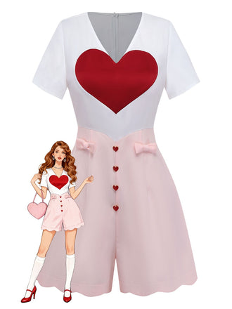 [Vorverkauf] Weiß 1960er Herz Druck Rosa Button Detail Romper