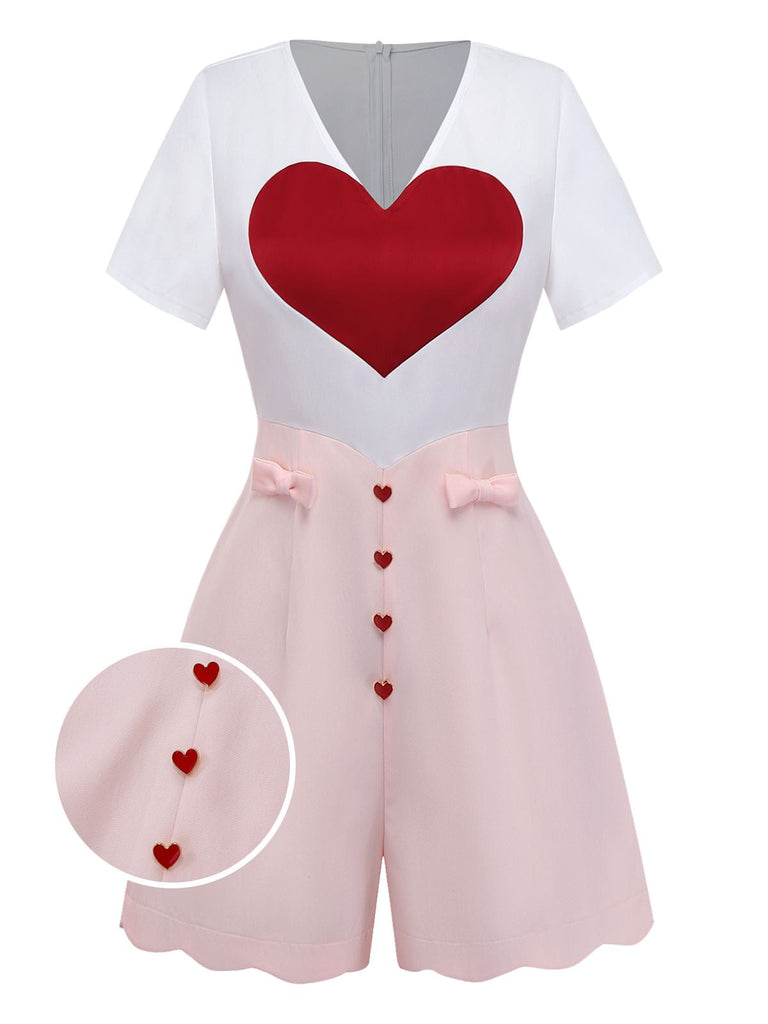 [Vorverkauf] Weiß 1960er Herz Druck Rosa Button Detail Romper