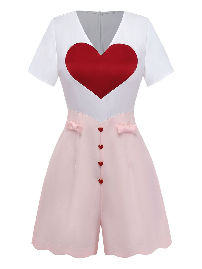 [Vorverkauf] Weiß 1960er Herz Druck Rosa Button Detail Romper