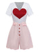 [Vorverkauf] Weiß 1960er Herz Druck Rosa Button Detail Romper