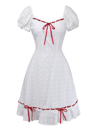 [Vorverkauf] Weiß 1960er Baumwolle Bestickt Bogen Puffärmel Kleid