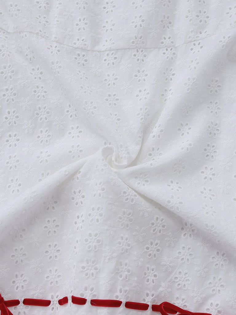 [Vorverkauf] Weiß 1960er Baumwolle Bestickt Bogen Puffärmel Kleid
