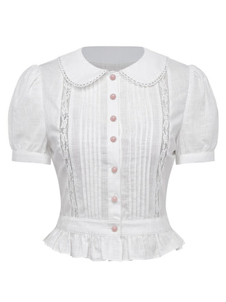 [Vorverkauf] Weiß 1950er Baumwolle Peter Pan Kragen Gesteckt Bluse