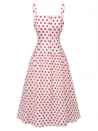 Rot 1950er Polka Punkte Quadratischer Hals Breit Träger Kleid