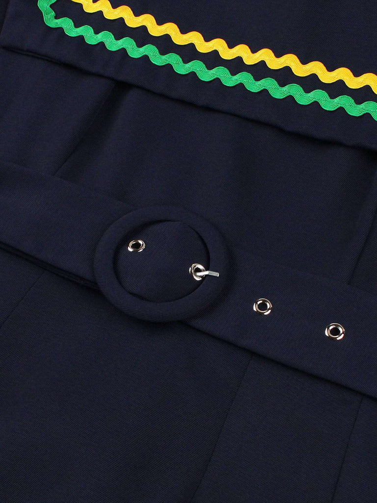 Marineblau 1950er Quadratischer Hals Wellig Streifen Ärmellos Kleid