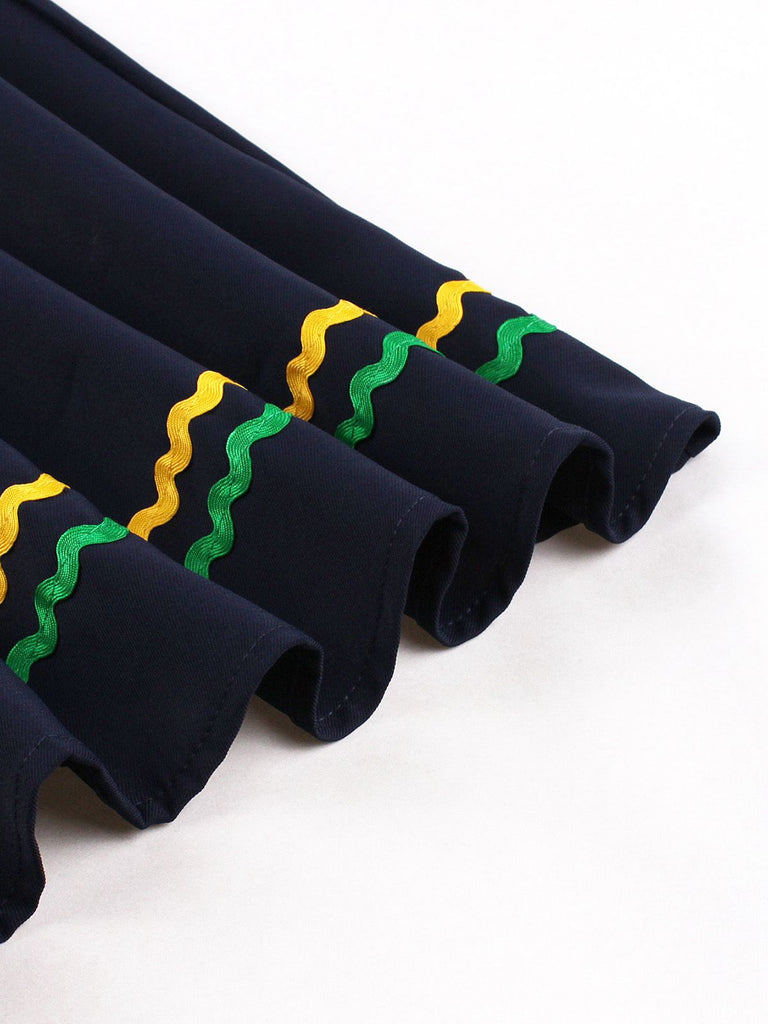 Marineblau 1950er Quadratischer Hals Wellig Streifen Ärmellos Kleid