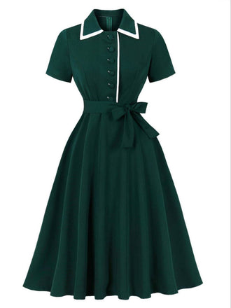 Dunkelgrün 1950er Kontrastierend Revers Swing Kleid
