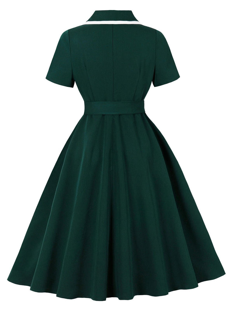 Dunkelgrün 1950er Kontrastierend Revers Swing Kleid