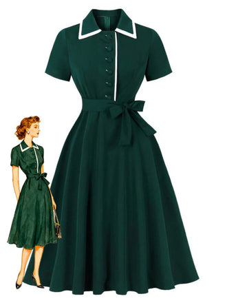 Dunkelgrün 1950er Kontrastierend Revers Swing Kleid