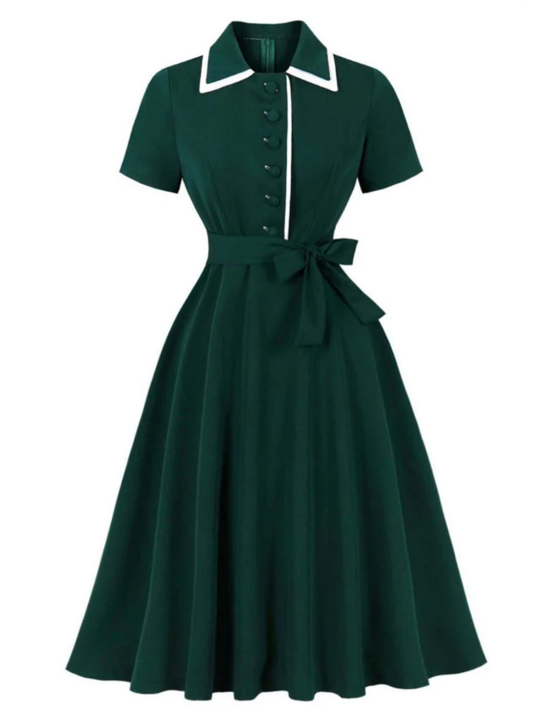 Dunkelgrün 1950er Kontrastierend Revers Swing Kleid