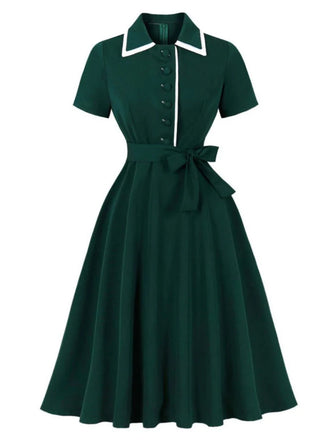 Dunkelgrün 1950er Kontrastierend Revers Swing Kleid