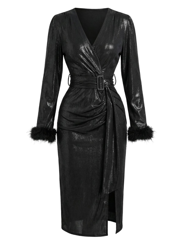 Schwarz 1960er Kunst Leder Gürtel Feder Ärmel Kleid