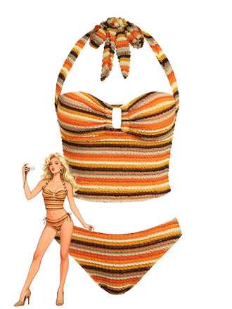 Orange 1980er Stricken Streifen Neckholder Tankini Set